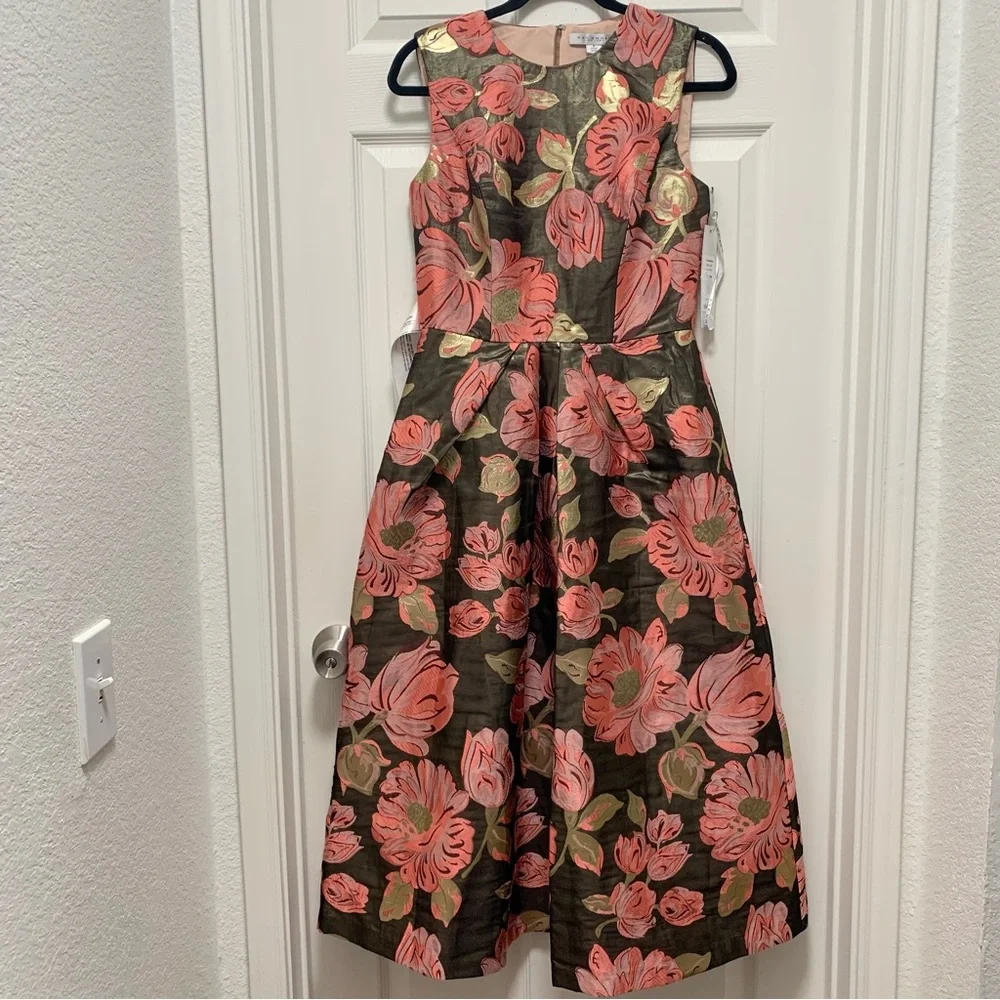 NWT KAY UNGER Anna Floral Print Sleeveless Crew Neck Pleated Tea Midi Dress - Picture 4 of 12